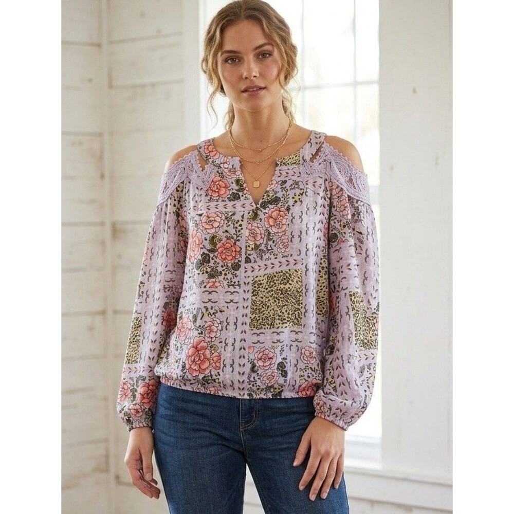 Soho Jeans New York & Company Boho Patchwork Floral Cold Shoulder Blouse M